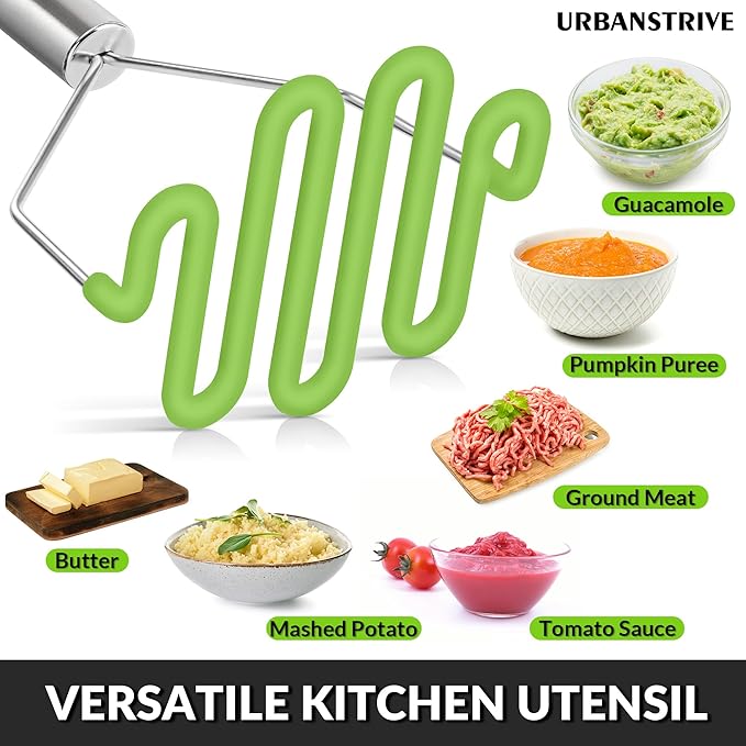 Urbanstrive Non-Scratch Silicone Potato Masher Kitchen Tool, Potatoes Masher Potato Masher Stainless Steel Wrapped In Premium Silicone, Potato Smasher, Green