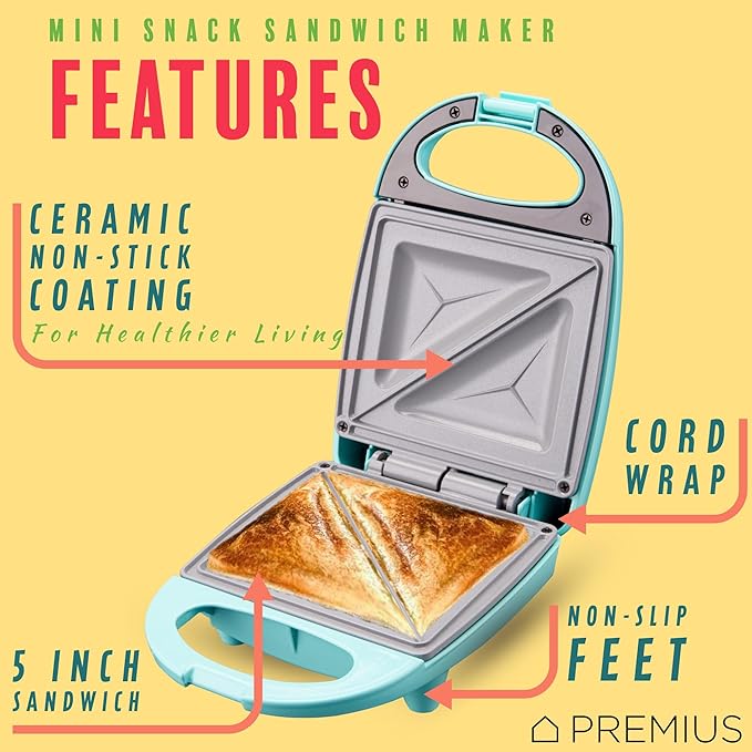 Ceramic NonStick Mini Snack Sandwich Maker, Indicator Light, 5x4.4 Inch Mold, Great for French Toast, Tuna Melt, Egg & Grilled Cheese, Pancake Sandwich, Desserts, Toasties, 520 W (Turquoise)