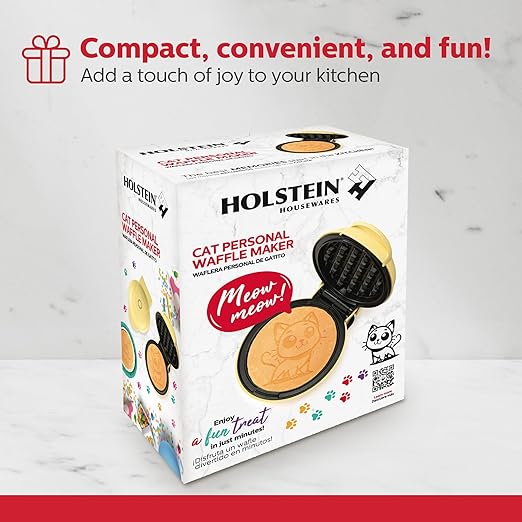 Holstein Housewares Kitty Waffle Maker – Cute Cat-Shaped, 4-Inch Yellow Mini Waffle Iron, Non-Stick, Fun Breakfast Appliance for Kids & Cat Lovers