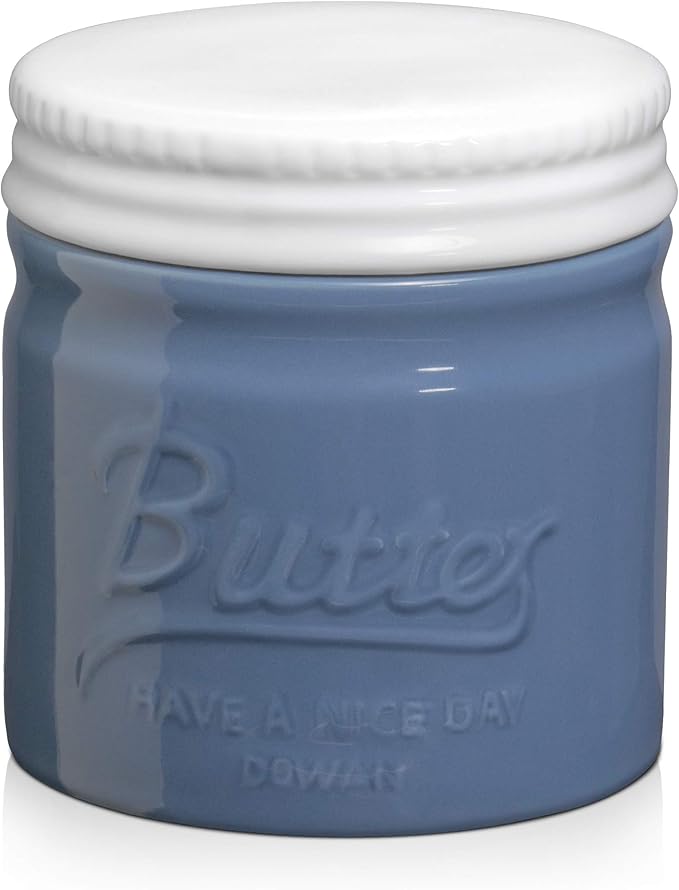 DOWAN Porcelain Butter Keeper Crock, French Butter Dish with Lid, Embossed Butter Container for Soft Butter, Big Capacity & Humanized Water Line, Airy Blue