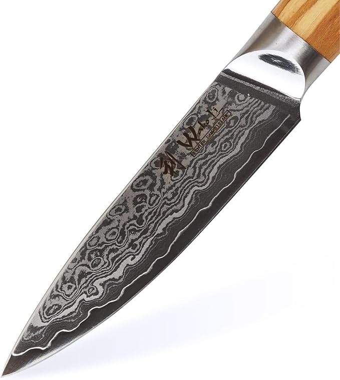 Wakoli Oribu Damascus Paring Knife – Full Tang Kitchen Knife | 3.4-Inch Blade Made of 67-Layer Damascus Steel with AUS-10 Core | Ergonomic Olive Wood Handle | Sharp & Durable