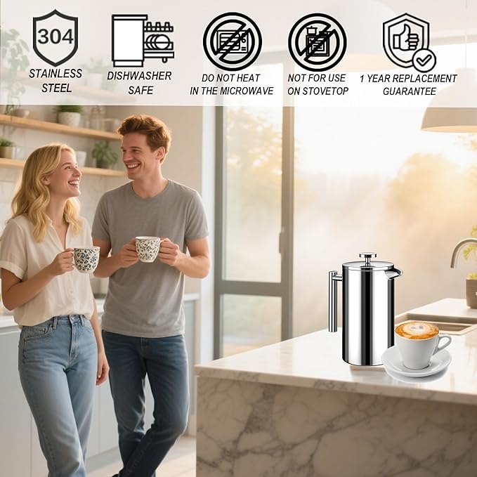 WORBIC French Press Coffee Maker 34oz, Stainless Steel Double Wall Insulated, 3 Extra Filters & Coffee Spoon for Hot/Cold Brew, Durable Coffee Press for Home, Camping, Office - Silver