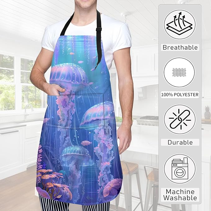 Jellyfish Ocean Apron Dreamy Deep Sea Fantasy Aprons Waterproof Oxford Polyester Adjustable Pockets Design for Cooking, Crafting, Garden Decor, for Adults, 28x33 Inch