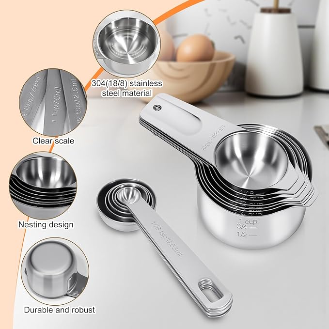 Measuring cups and spoons set of 13，Heavy Duty Stackable Metal Measuring Cups & Spoons，stainless steel measuring cup for Dry and Liquid Ingredients，Ideal for Cooking&baking measuring tools