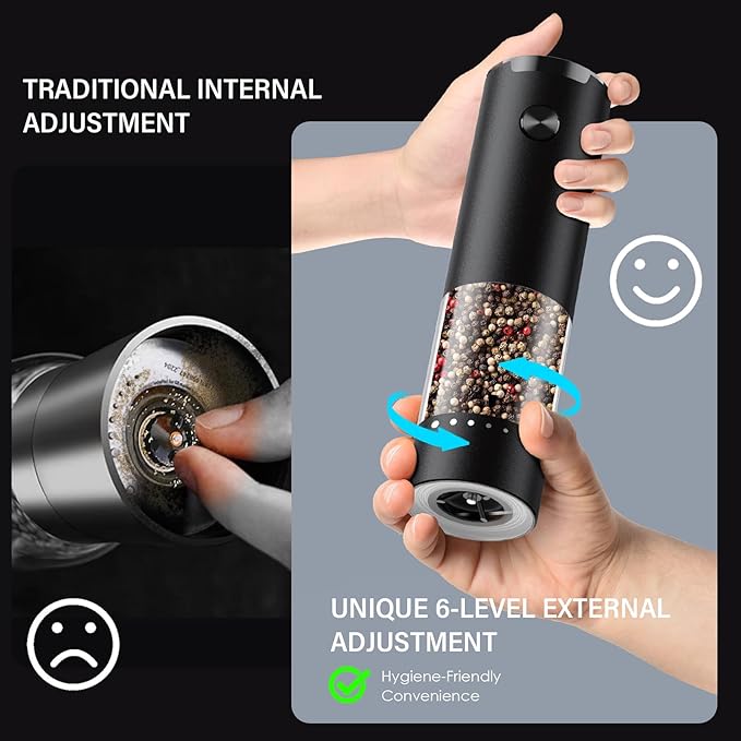 Electric Salt and Pepper Grinder Set, Automatic Salt and Pepper shakers with Upgraded 6-Level External Adjustable Coarseness, Battery Operated, Larger Capacity with Led for Home Kitchen (Black/Black)
