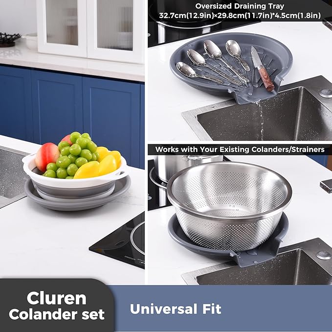 Collapsible Colander Set with Oversized Draining Tray | 3-Pack Foldable Kitchen Strainers + Base | Space Saving for Pasta, Veggies, Fruit & Rice | 5 Colors (Gray-White)