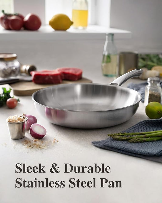 VocVoi 12 inch Tri-Ply Stainless Steel Frying Pan with LID,PFOA&PTFE Free Skillets,Chef's Pans,Dishwasher and Oven Safe Cookware, Works on Induction,Ceramic and Gas Cooktops