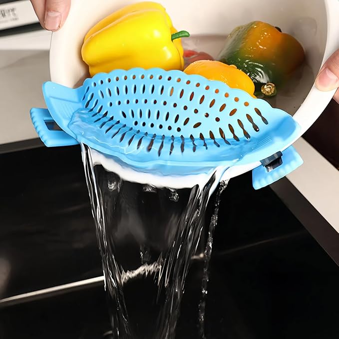2 PACK Silicone Clip-on Strainer - Fits Pots, Pans & Pasta, Hands-Free Food Strainer for Ground Beef, Spaghetti, Pasta, Compatible with All Bowls and Pots (Black,Blue)