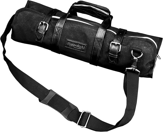 Ergo Chef Heavy Duty Waxed Canvas 10 Pocket Chef Knife Roll Bag Knife Case with Mesh Tool Pocket (Black) Durable Knife Case with Handle, Removable Shoulder Strap & Large Zippered Mesh Pocket