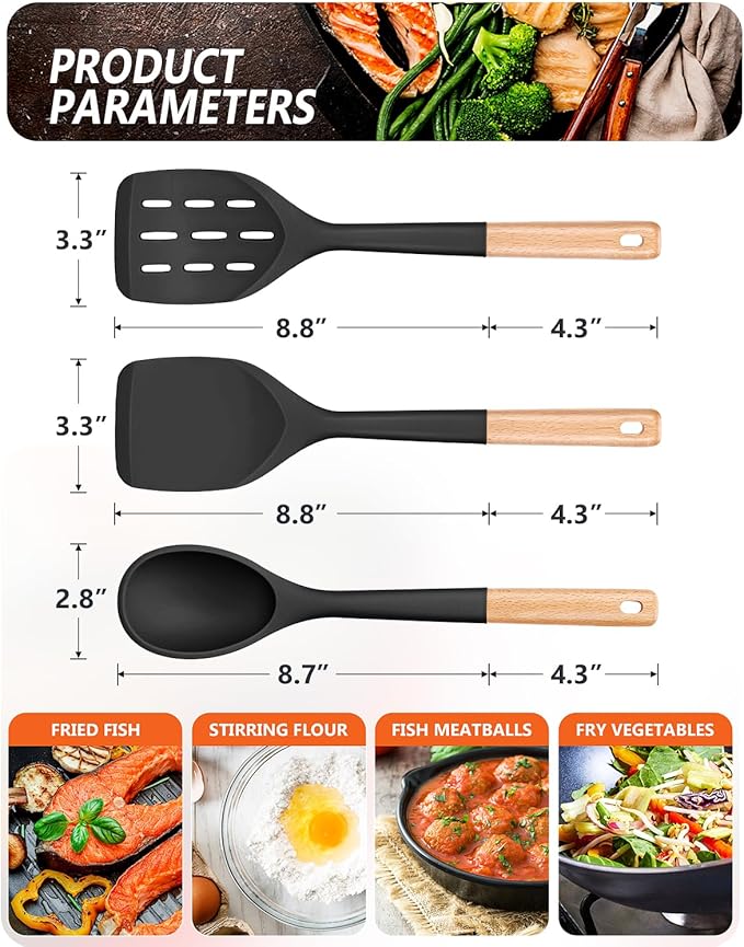 Badiano Pack of 3 Silicone Spatula, Non Stick Cooking Utensil Set, Wooden Handle Kitchen Turner for Baking Mixing Grilling Serving Food Heat Resistant, Black