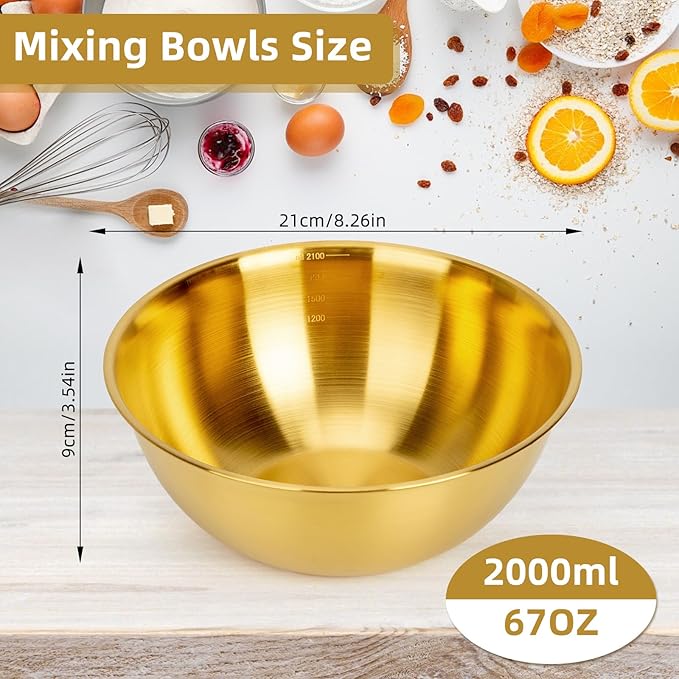 fecoqi 3-Piece Stainless Steel Golden Mixing Bowls (8.26") Metal Bowl with Measurement Marks, Dishwasher Safe & Stackable - Perfect for Baking, Salad Making, Meal Prep