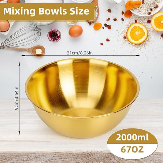 fecoqi 3-Piece Stainless Steel Golden Mixing Bowls (8.26") Metal Bowl with Measurement Marks, Dishwasher Safe & Stackable - Perfect for Baking, Salad Making, Meal Prep