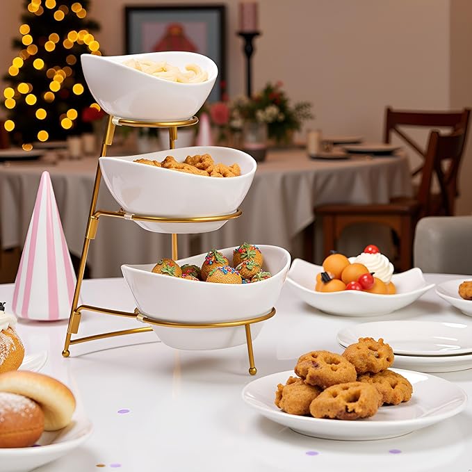 HBlife 3 Tier Serving Stand Oval Serving Bowl with Metal Rack, Ceramic Serving Dishes Chip and Dip Serving Set, Food Display Dessert Appetizer Candy Bowl, Fruit Bowl for Parties, Gold