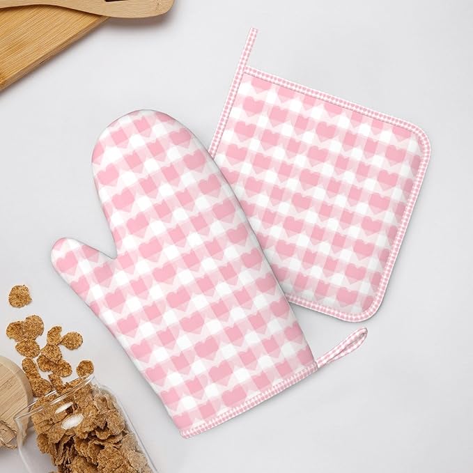 Oven Mitts and Pot Holders Pink Plaid Heart Pattern Silicone Kitchen Accessories Set of 4 Heat Resistant Long Gloves Potholder Non-Slip Grip for Chef Cooking Baking Grilling BBQ