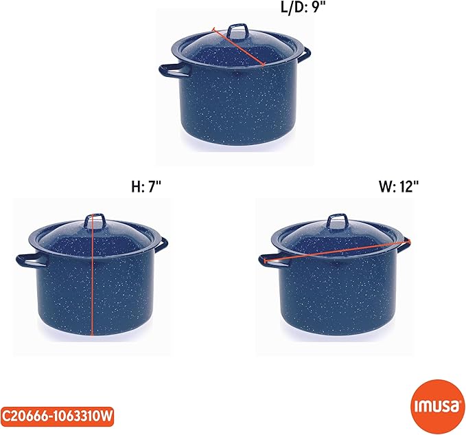 Imusa Stock Pot, 6-Quart Speckled Enamel | Blue | with Lid | Pack of 2
