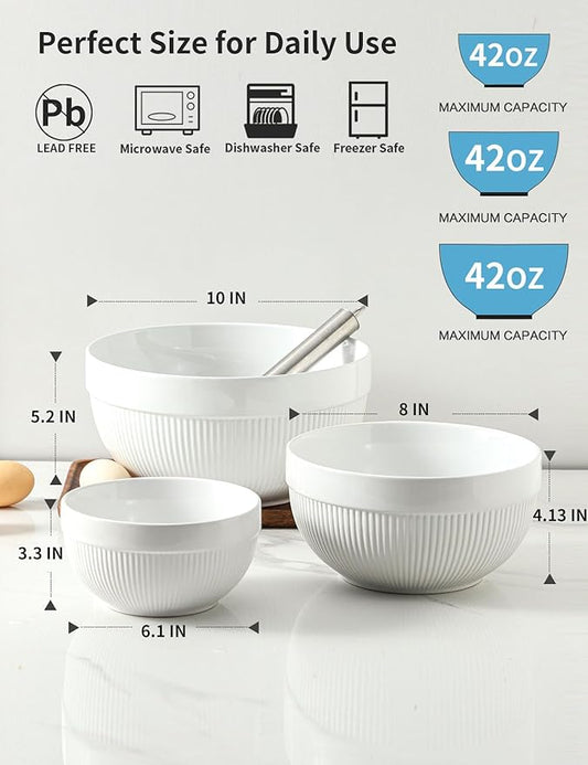 Large Ceramic Mixing Bowls, White Kitchen Bowls (1QT/2.3QT/4.6QT), Set of 3 Nesting Bowls for Baking, Cooking, Serving, Prepping, Dough Bread Making Bowl, Microwave and Dishwasher Safe