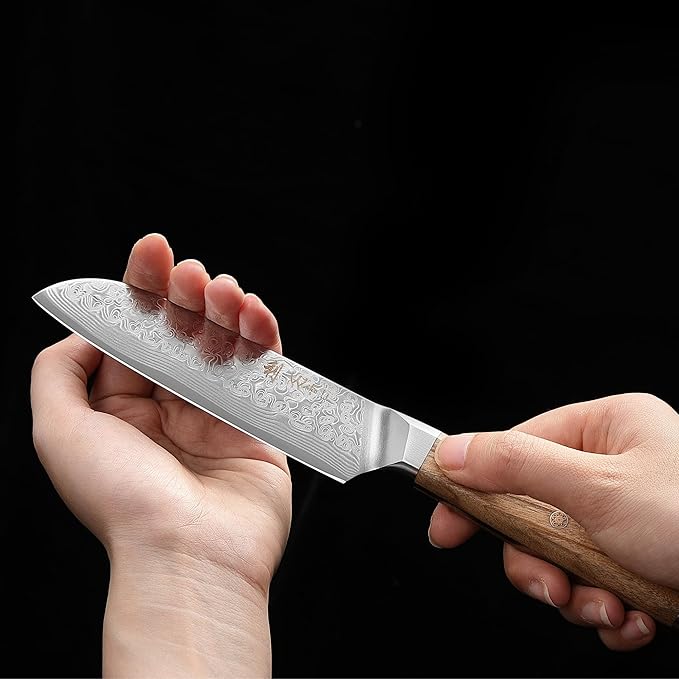 Wakoli Oribu Small Santoku Knife – Full Tang Kitchen Knife | 5-Inch Blade Made of 67-Layer Damascus Steel with AUS-10 Core | Ergonomic Olive Wood Handle | Sharp & Durable