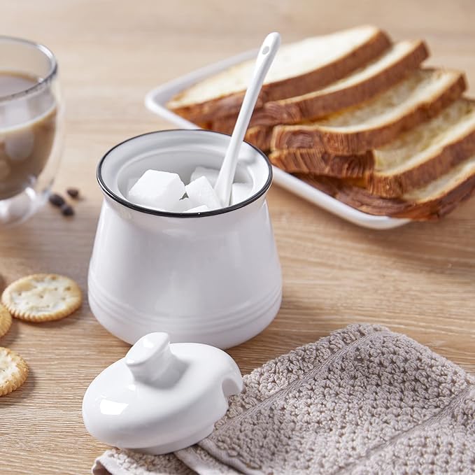 Sugar Bowl with Lid and Spoon, 12 oz Ceramic Sugar Bowl with Spoon, Sugar Container for Coffee Bar, Sugar Jar Sugar Dispenser Bowl, Modern Kitchen Decor, White