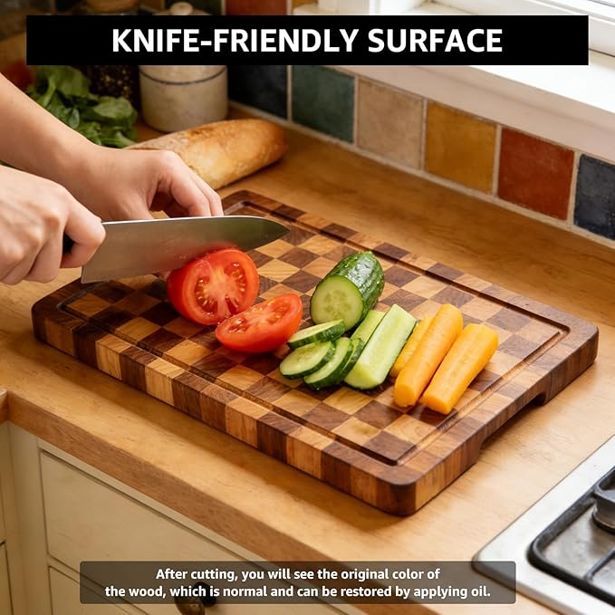 Acacia Wood Cutting Boards for Kitchen, Checkered Chopping Board with Juice Grooves & Handles, Large Butcher Block Serving Tray with Non‑Slip Feet, 17" × 12" × 1.5"