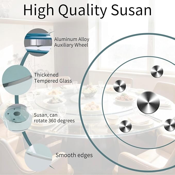 32" Glass Lazy Susan for Dining Table, Glass Turntable Table Centerpiece with 6 Rotating Wheels, 360° Smooth and Silent Spin Tabletop Rotating Tray, for Family Gatherings, Banquets, Weddings, 82 cm