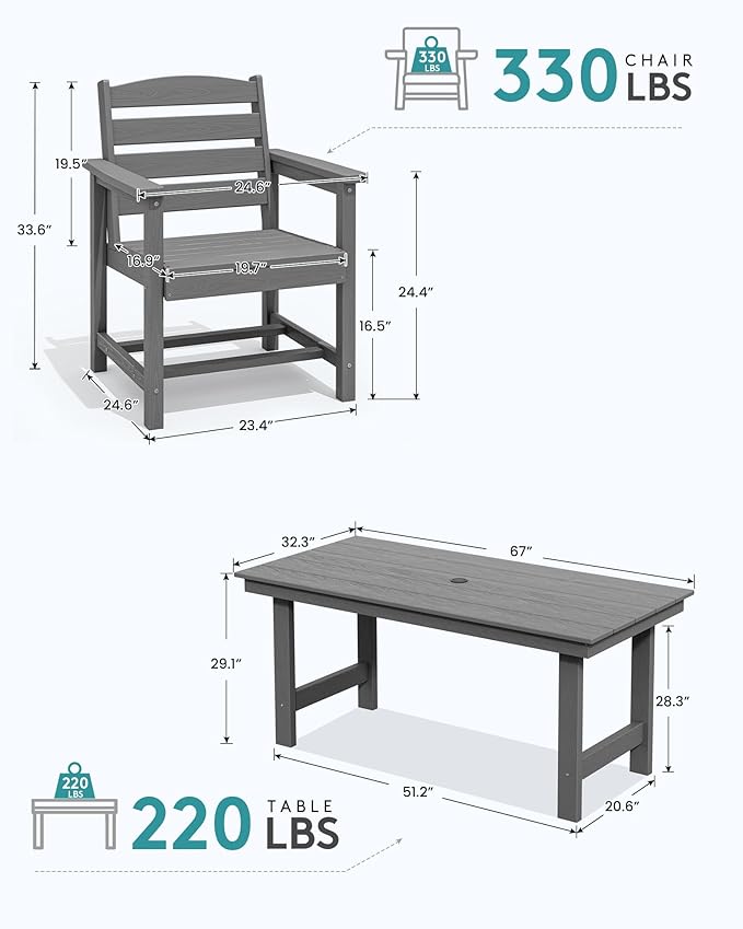 SERWALL 67" Outdoor Dining Table - HDPE All-Weather Rectangular Patio Table with Umbrella Hole, Gray