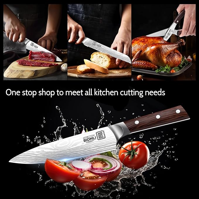 17-Piece Knife Block Set BIDMLI- Wooden Sharpener & Chicken bone Shears, high carbon stainless steel blades, Ergonomic Hardwood Handle,for Home, Restaurant, Professional Chef.