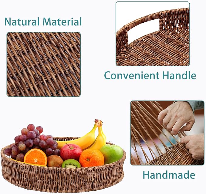 SEDISON Rattan Tray 13.8 inch / 35cm Hand Woven Wicker Tray for Coffee Table Home Kitchen Decorative, Large Rattan Serving Tray