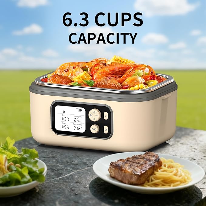 Cordless Electric Heated Lunch Box, 1.5L 6.3Cups 24000mAh Rechargeable Battery Self-Heating Lunch Box, Smart Timer, Even Heating, 100W Portable Food Warmer for Office, Picnic, Car, Outdoor