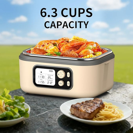 Cordless Electric Heated Lunch Box, 1.5L 6.3Cups 24000mAh Rechargeable Battery Self-Heating Lunch Box, Smart Timer, Even Heating, 100W Portable Food Warmer for Office, Picnic, Car, Outdoor