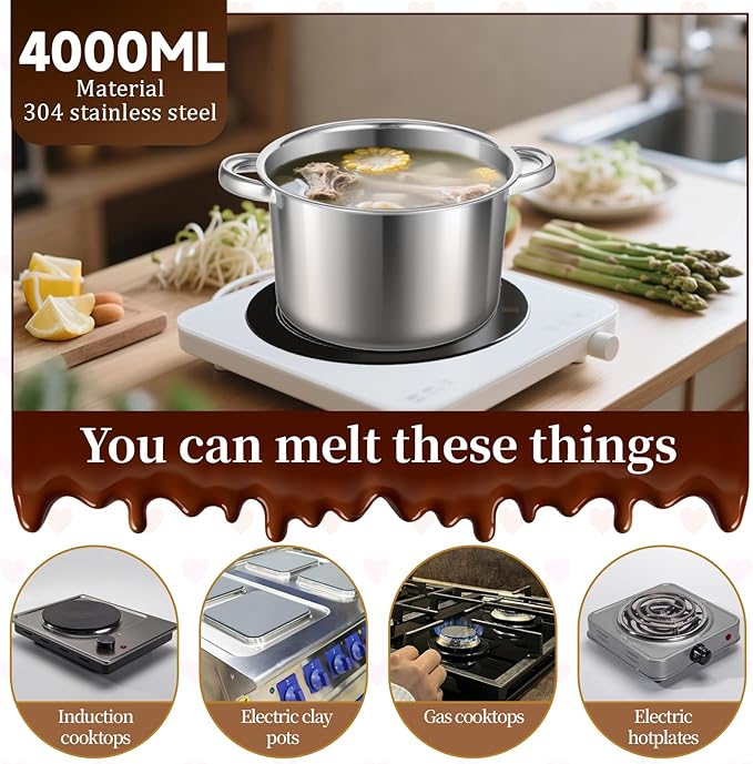 BOHUIZ 304 Stainless Steel Double Boiler with Spatula and Spoon, 4.2QT Dual-Handle Pot 2.6QT Melting Bowl with Scale and Handle Stackable Water Bath Melting Pot Set for Chocolate, Butter, Sugar, Wax
