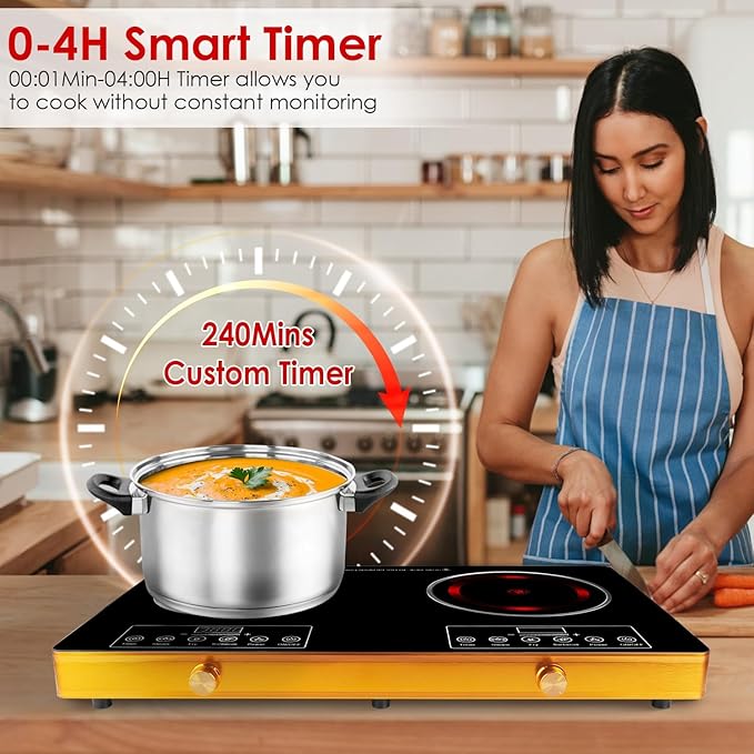 7000W Double Ceramic Electric Hot Plate Countertop Stove Double Burner Infrared Cooktop with 11 Power Levels 0-4H Timer Portable Handle LED Display for Kitchen Camping (White)