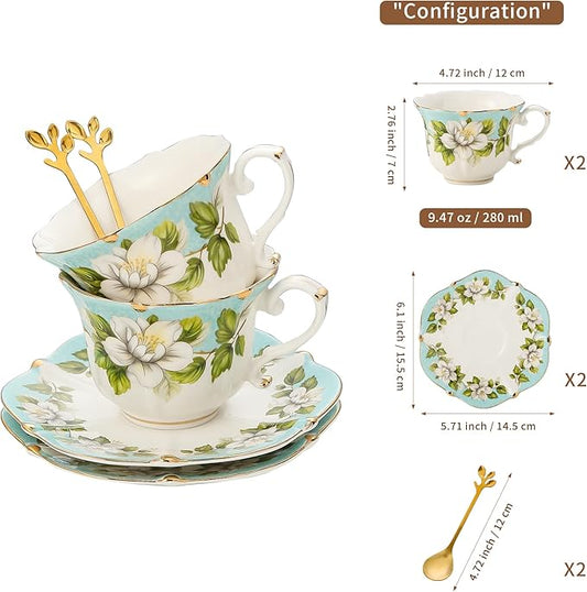 TATSUMI Country Roses Bone China Tea Cup and Saucer Set, 6 Pieces, Vintage Style, For Women and Tea Parties(Light Green, 2 sets)