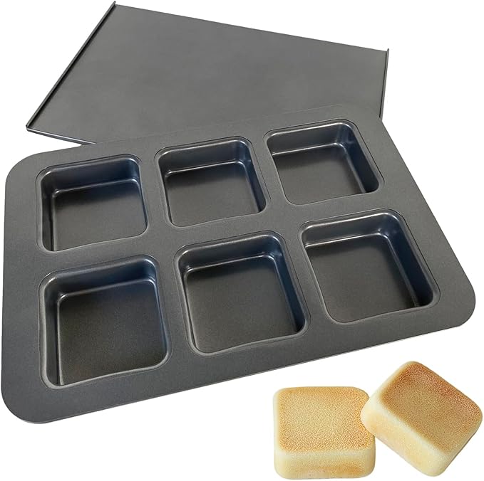 Elesinsoz 6 Cup Square English Muffin Pan with Lid Straight Side Hamburger Burger Bun Egg Sandwich Frittata Cinnamon Roll Focaccia Quiche Pancake Nonstick Baking Tin Tray Mold
