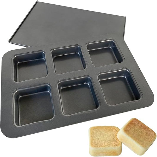 Elesinsoz 6 Cup Square English Muffin Pan with Lid Straight Side Hamburger Burger Bun Egg Sandwich Frittata Cinnamon Roll Focaccia Quiche Pancake Nonstick Baking Tin Tray Mold
