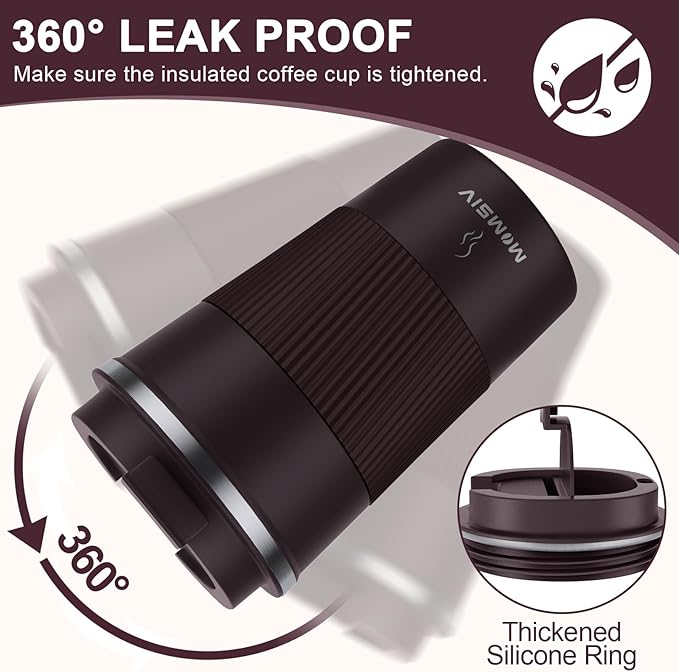 MOMSIV 12oz Travel Mug, Insulated Coffee Cup with Leakproof Lid, Vacuum Stainless Steel Double Walled Reusable Tumbler for Hot and Cold Water Coffee and Tea In Travel and Car (Brown)