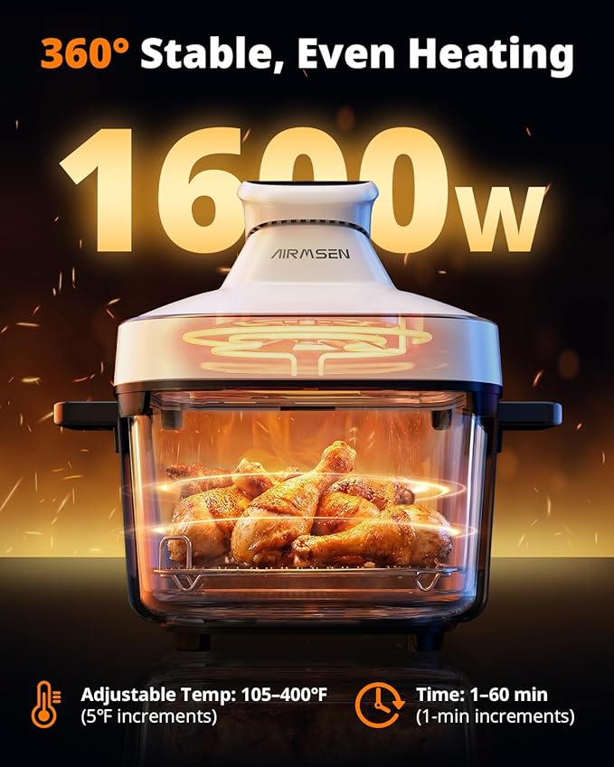 AIRMSEN 6.3 QT Glass Air Fryer Non-Toxic, 4 Presets & Manual Control, 105–400℉ Precise Heat, 95% Less Oil, Auto-Pause & Resume, Microwave & Dishwasher Safe Glass Container for Family Meals