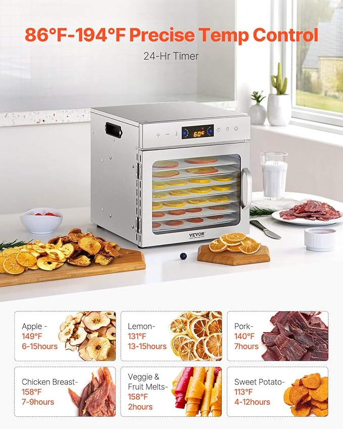 VEVOR Food Dehydrator Machine, 8 Stainless Steel Trays, 400W Electric Food Dryer with Adjustable Temperature & 24-Hour Timer, Food Dehydrator for Jerky, Meat, Fruit, Vegetables, Herbs, Dog Treats