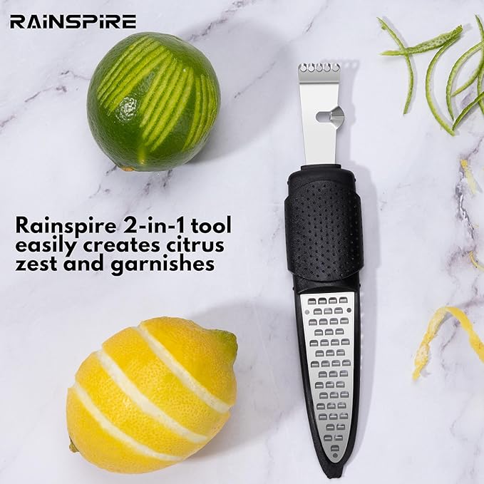 Rainspire Lemon Zester Tool with Channel Knife, Stainless Steel Citrus Zester Tool, Lemon Peeler, Zesters for Kitchen, Ultra Sharp 2-in-1 Tool Easily Creates Citrus Zest (Black)