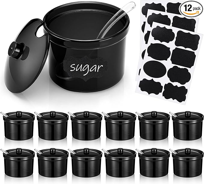 Tioncy 12 Pcs Hot Cocoa Bar Supplies Sugar Bowls with Lid and Spoon Party Bar Ice Cream Sundae Caramel Apple Dipping Container Christmas Acrylic Candy Dispenser with Tag (7.1 oz,Transparent Black)