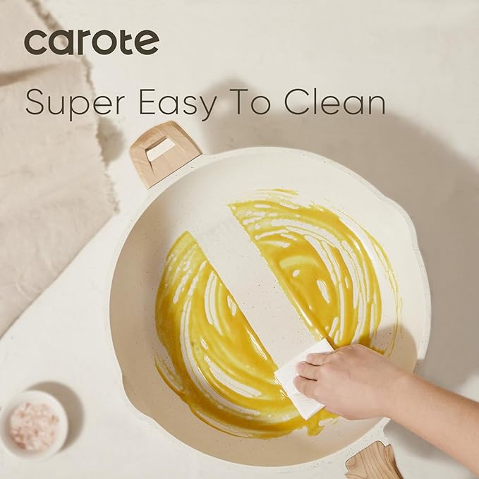 CAROTE 12.5Inch Nonstick Deep Frying Pan with Lid, 6.5 Qt Jumbo Cooker Saute Pan with Pour Spout, Skillet Induction Cookware, Non Stick Cooking Pan Kitchen Pan PFOA Free, White Granite