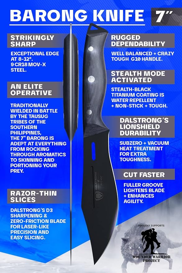 Dalstrong Barong Chef Knife - 7 inch - Delta Wolf Series Knife - Ultra-Thin & Zero Friction Blade - HC 9CR18MOV Steel Kitchen Knife - Black Titanium Nitride Coating - G10 Camo Handle - Leather Sheath