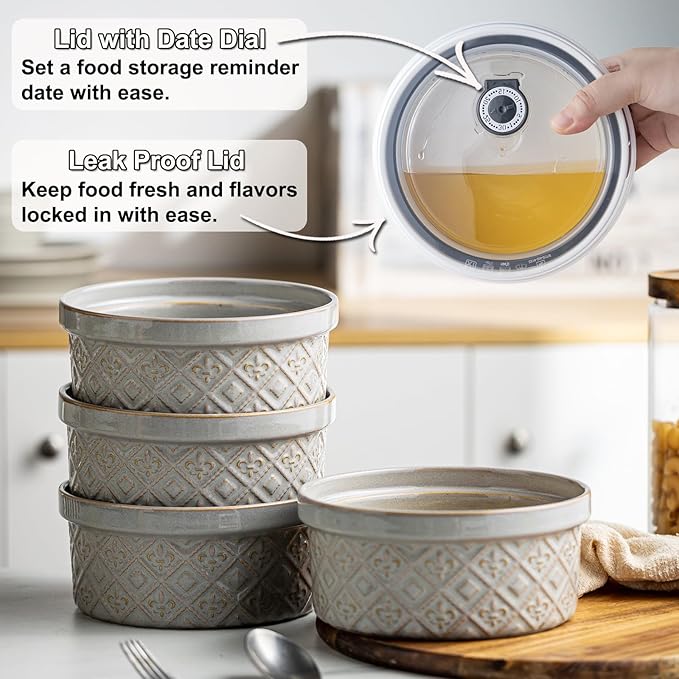 Ceramic Bowls with Lids set of 4, Soup Bowls, 28 oz Charcuterie Bowls Set for Kitchen, Food Storage Container Bowls Dishwasher & Microwave Safe for Salad, Pasta, Snack, Oatmeal, Fruit, Grey