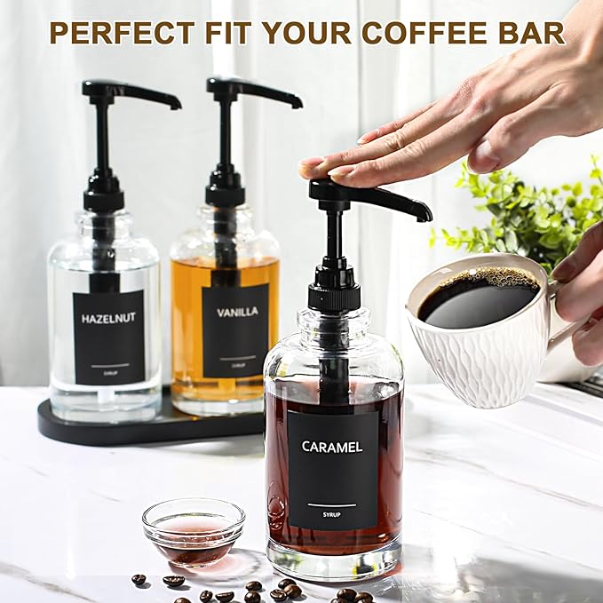 Coffee Syrup Dispenser for Coffee Bar, Glass Syrup Dispenser with 1/4oz Large Capacity Pump, Coffee Syrup Pump Dispenser for Coffee Station, 16.9 fl oz Maple Syrup Bottles for Coffee Bar