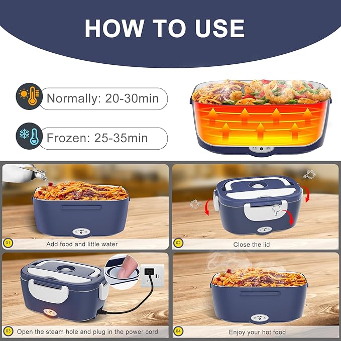 Electric Lunch Box Food Heater - 3 in 1 Portable Leakproof Heated Lunch Box for Car/Home/Adults with 1.5L Removable 304 Stainless Steel Container, Max 80W, 12V/24V/110V (DarkBlue)