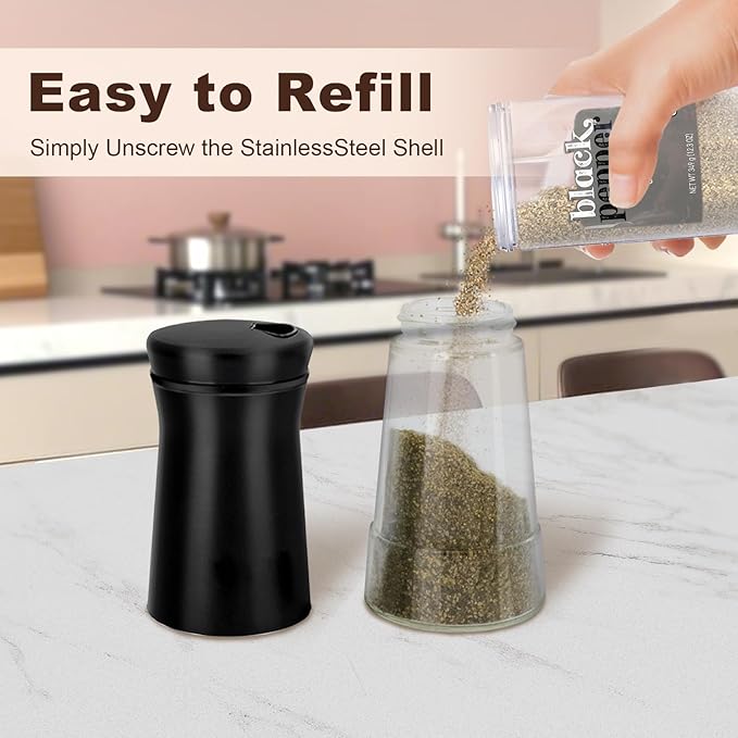 Black Salt and Pepper Shakers with Adjustable Pour Holes, Farmhouse Glass Salt Shaker with Stainless Steel Lids, Refillable Shaker by Aelga, Ideal for Himalayan, Kosher and Black Pepper