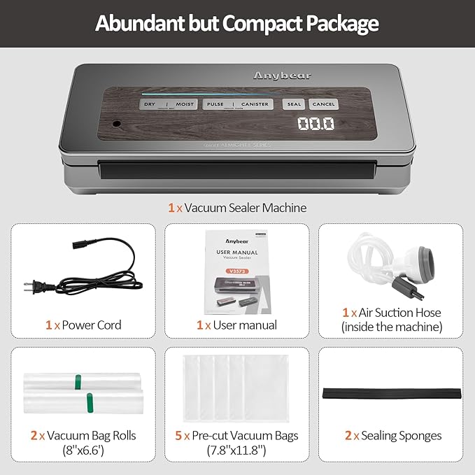 Anybear Vacuum Sealer Machine, 90kPa 120W Wide Seal All-IN-1 Powerful Food Storage, Build-in Cutter | Bags Storage | Digital Countdown Display | 2 Bag Rolls and 5pcs Pre-cut Bags (Gray)