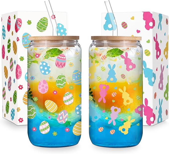 Jinei 2 Pcs Glass Cup Set 18 Ounce Glasses Cups with Bamboo Lids and Straws Tumbler for couple Mug for Women Men Birthday Party Favor Gift(Easter Day)