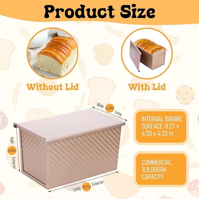 Tobeelec 2 Pcs Pullman Loaf Pan with Lid, Non-Stick Rose Gold Bread Loaf Pans for Homemade Bread 1 lb Carbon Steel Bread Toast Box with Cover for Bakeware Bread Toast Oven Baking