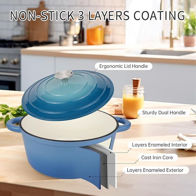 CookNexa 6 Quart Enameled Cast Iron Dutch Oven Pot with Lid and Silicone Accessories, Oven Safe up to 500°F or on Stovetop, Non-stick Dutch Oven for Bread Baking, Cooking, Dual Handles Cookware, Light Blue