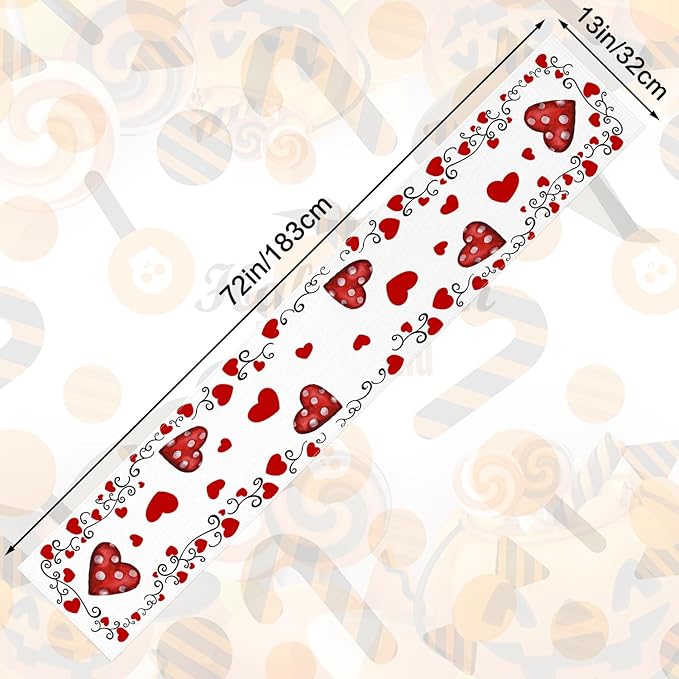 Valentine's Day Table Runner Linen Red Love Heart Table Runner Heart Floral Cloth Dresser Scarves Polka Dots, for Valentines Holiday Home Kitchen Dining Style Table Decoration (13*72 Inch)